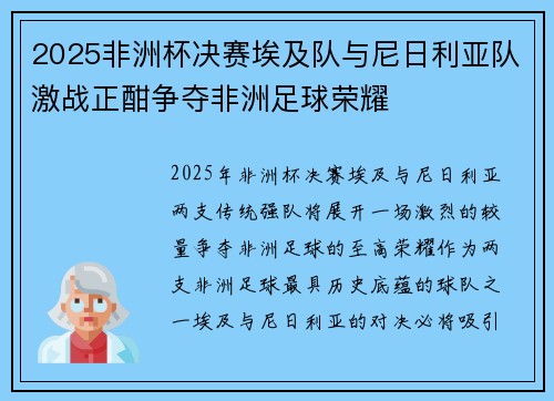 2025非洲杯决赛埃及队与尼日利亚队激战正酣争夺非洲足球荣耀